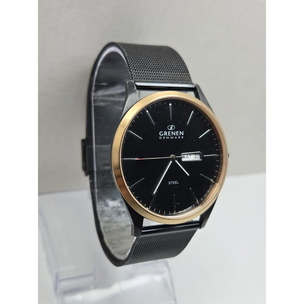 Mens Grenen by Skagen Black Gold Tone Steel Mesh 41mm Day Date Watch New Battery
